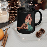 Red Hair Pin-up Girl On Black Coffee Mug With Hot Coffee