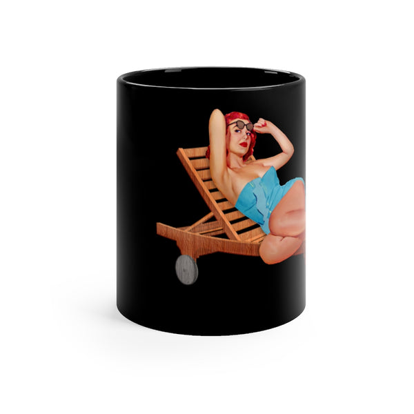 Red-haired pin-up girl on a black coffee mug