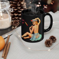 Topless Pin-up Girl On Your Black Coffee Mug with hot coffee on your table