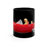 Black Coffee Mug with Pin-up Girl Like Marilyn Monroe Drives A Red Thunderbird Frot side
