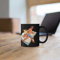 Nacked Pin-Up Girl On Black Coffee Mug On The Table with Laptop