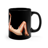 Pin-up Girl Lying On Her Back Printed On A Black Coffee Mug Right Side