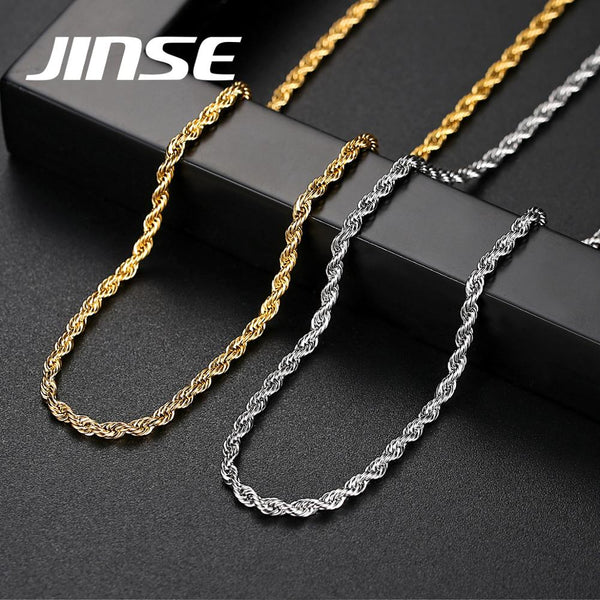 JINSE Men's Chain Necklace Gold Color Rope Chain Necklace Charm Chain Necklace Male Punk Friendship Necklace Hiphop Jewelry Gift