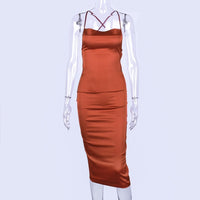 Satin midi dress with spaghetti straps coral red
