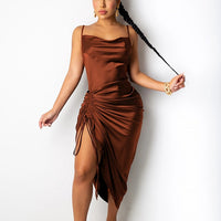 Satin Long Dress With Drawstring And Spaghetti Straps Cowl Neck