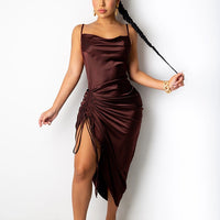 Ruched Satin Summer Long Dress With Drawstring And Spaghetti Straps Cowl Neck
