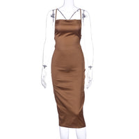 Satin midi dress with spaghetti straps brown