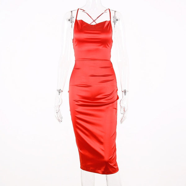 Satin midi dress with spaghetti straps red